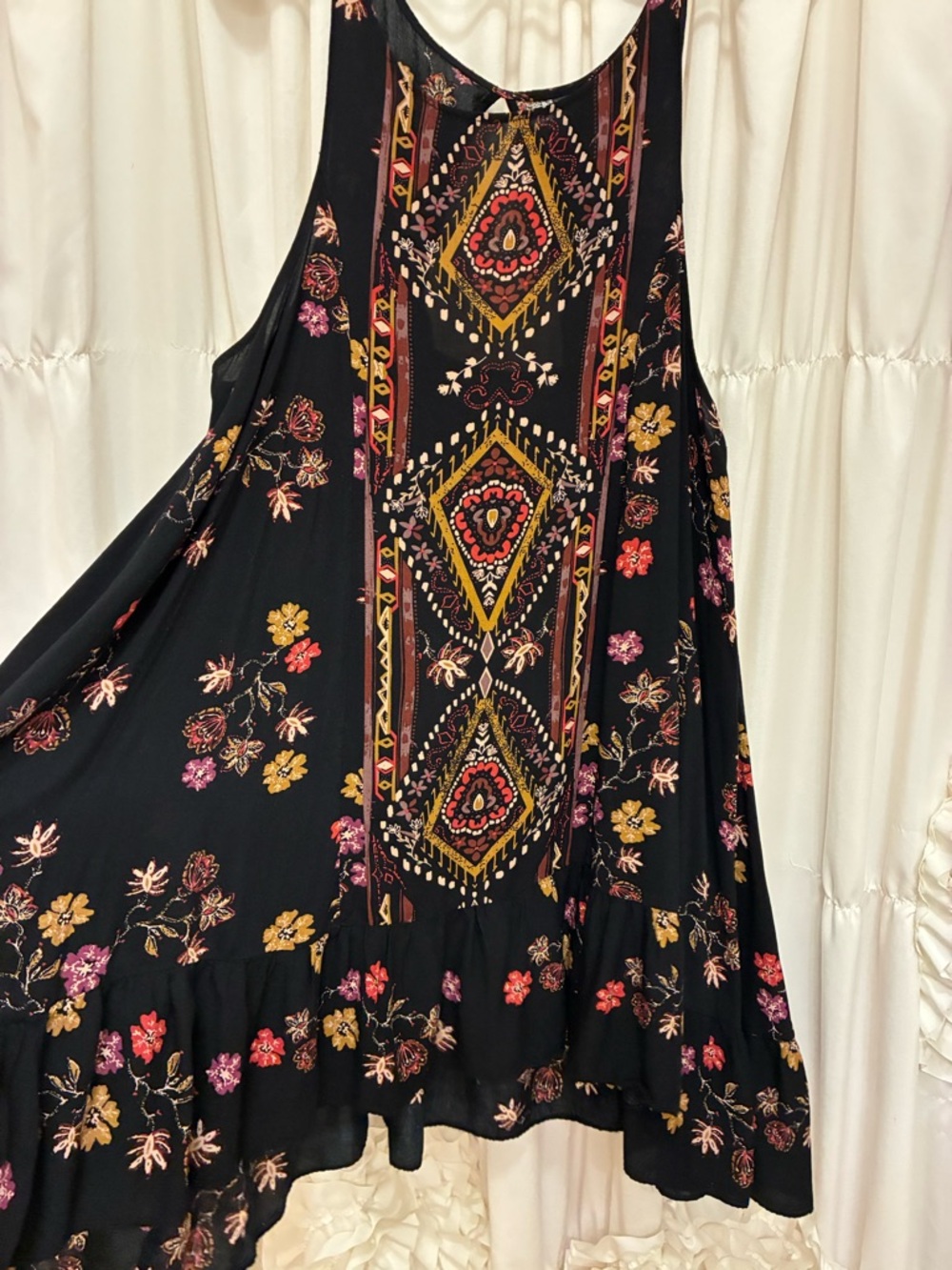 Free People Black Boho Geometric Floral Tank Dress with Pink and Mustard Accents